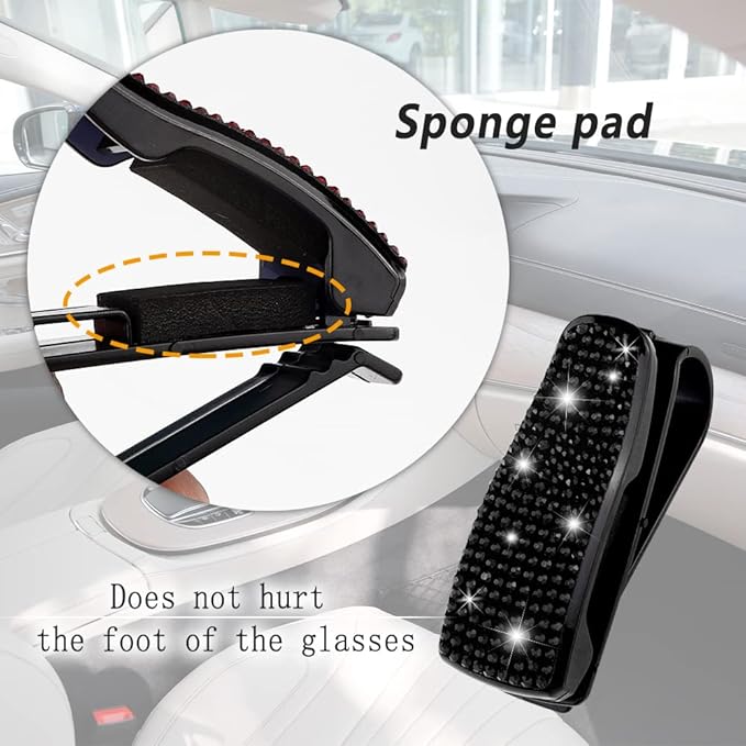 Set of 2 Bling Rhinestone Car Sun Visor Glasses Holders with Anti-Scratch Sponge,Car Decoration for Women Girls,Ticket Card Clip Visor Organizer,Universal Rhinestone Auto Accessories (Black-2pcs)