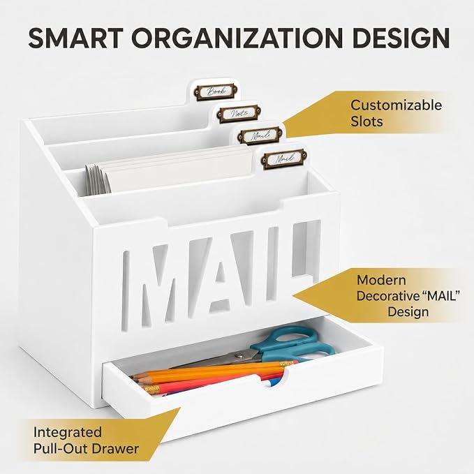 Mail Organizer Countertop – White Holder for Desk with 4 Slots, Drawer & Label Tags, Decorative Desktop Sorter, Envelope Tray for Home Office Organization (11x7x9.5 in)