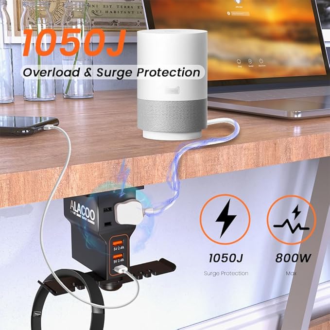 Gaming Headphone Stand with Charging Station - Aluminum Hooks Headphone Holder, Under Desk Headset Stand, 3 USB & AC Outlet, Surge Protector & Cable Organizer, Gift for Girl/Men