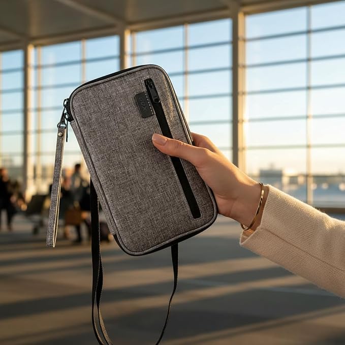 GOX Passport Holder for Travel Family RFID Neck Wallet for Traveling Women Travel Pouch for Passport and Documents with RFID Waterproof Zipper Passport Case (Grey)