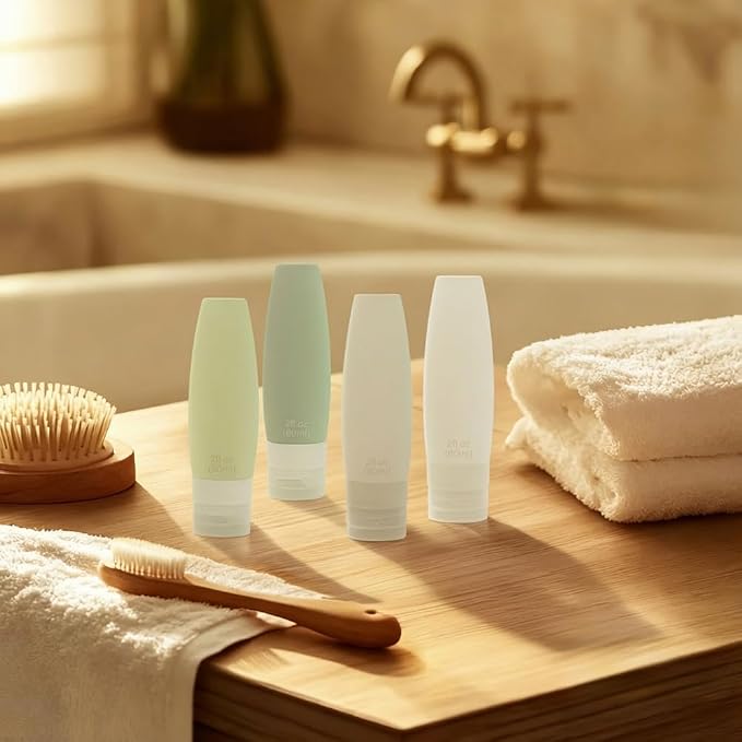 4 PCS Silicone Travel Bottles, 2oz Refillable Toiletries Containers Set, Small Empty Travel Size Bottles for Shampoo, Lotion, Shower Gel (Morandi)