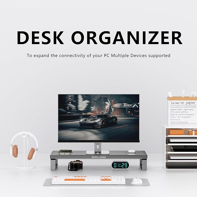 Monitor Stand with Docking Station, Aluminum Monitor Riser with 6-in-1 Docking Station: 4K HDMI, USB-C, USB 3.0, PD 100W, Wireless Charging,Metal Desk Stand with Storage-Silver Gray