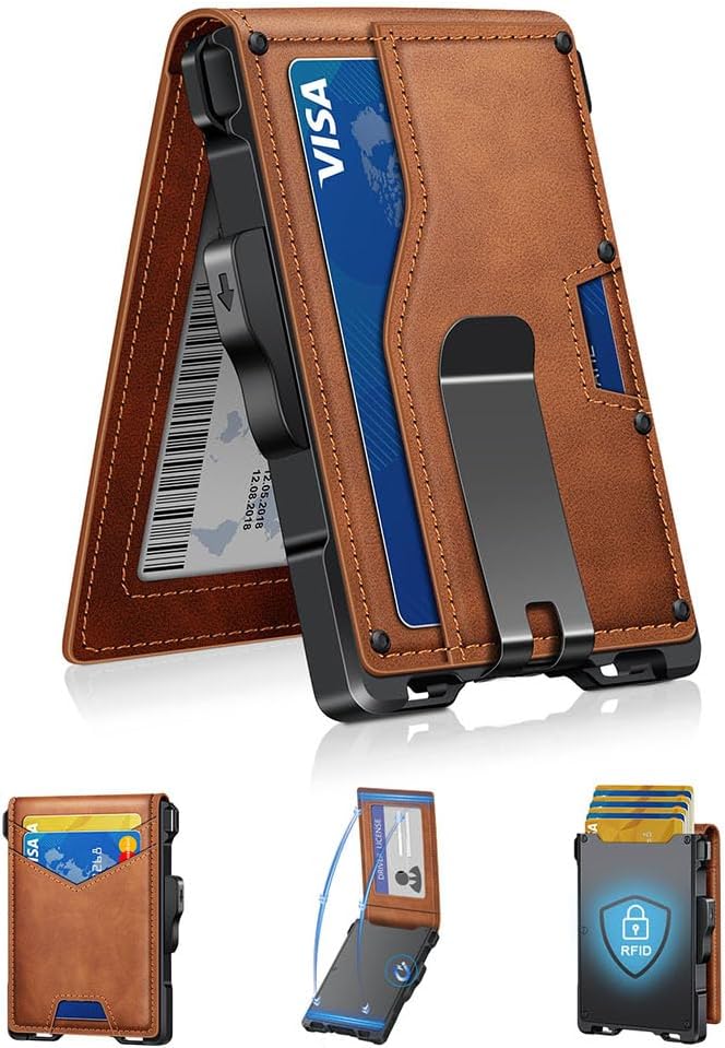 GHUKY Wallet for Men, Minimalist Slim Mens Wallet with Money Clip, RFID Blocking Smart Pop Up Card Wallet with ID Window, Compact Bifold Wallet, Metal Aluminum Credit Card Holder（Brown）