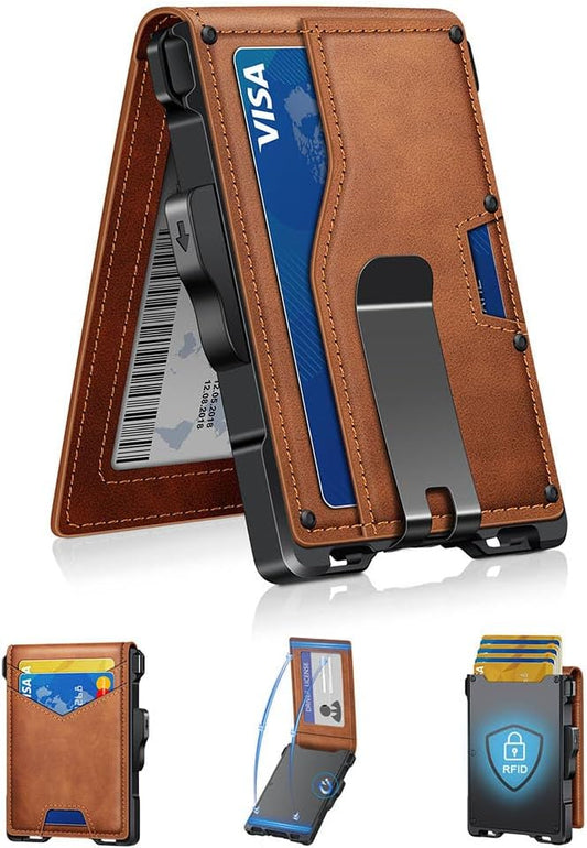 GHUKY Wallet for Men, Minimalist Slim Mens Wallet with Money Clip, RFID Blocking Smart Pop Up Card Wallet with ID Window, Compact Bifold Wallet, Metal Aluminum Credit Card Holder（Brown）