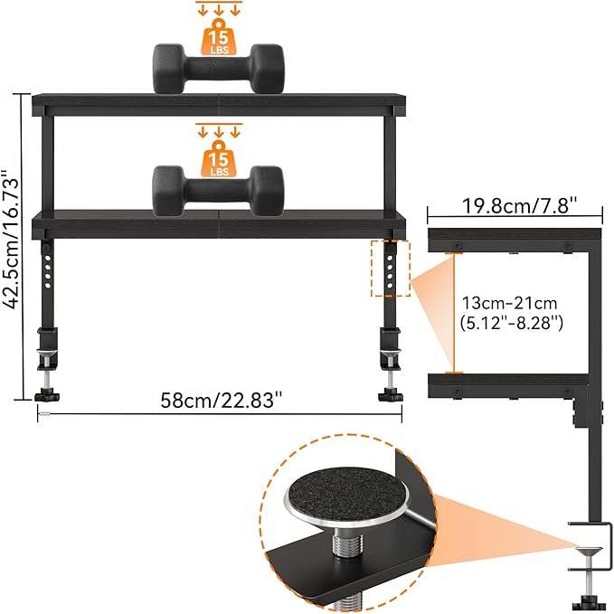 IBUYKE Clamp on Desk Shelf, 22.8” Large Desk Extender Shelves,Tool-Free Flexible Repositioning and Adjustable 2-Tier Storage Shelves for Desktop Accessories Below Desk TMZ010B