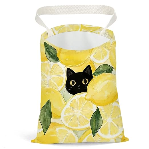 Black Cat Car Trash Bag, Lemon Car Trash Bag Hanging, Lemon Accessories, Summer Decor Waterproof Cars Back Seat Hanging Organizer Garbage Can for Vehicle Travelling Camping
