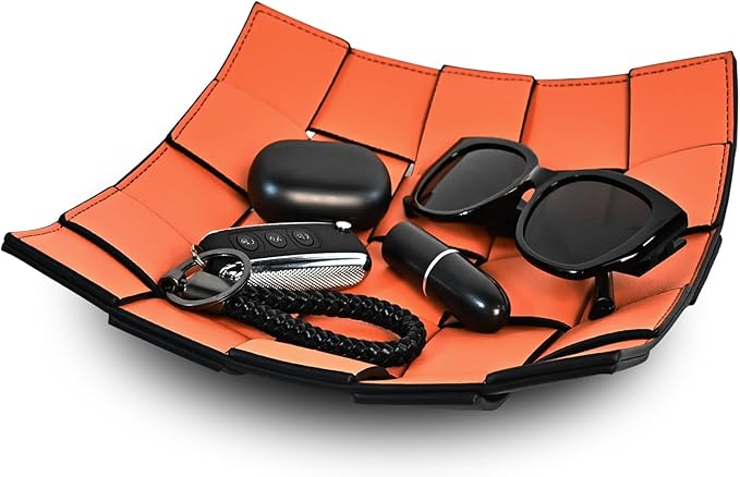 Valet Tray PU Leather Key Holder Bowl for Women and Men Entryway Table Nightstand Desk Tray for Wallet, Keys Men's Gift - Orange & Black, 9.8" L x 9.8" W x 2" H