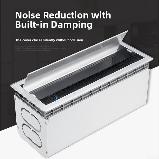 Aluminum Alloy Cable Management Box with Dustproof Brush, Silent Buffered Flip Lid Desk Wire Organizer, Embedded Mounting Desktop Cord Hider, Silver(White)