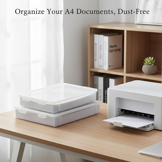 Clear A4 Document Storage Box with Lid, Stackable PP File Organizer for Office Desk & Shelf