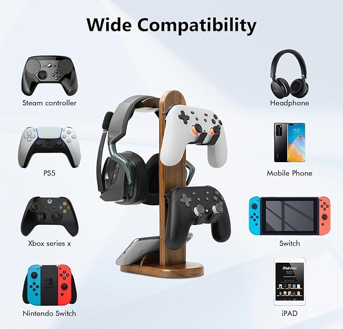 Controller Holder with Headphone Stand - Wood Gaming Controller Stand for Xbox PS5 PS4 Switch Pro, PC Gaming Accessories - Present Idea for Husband, Boyfriend, Gamers, Game Lover, Game Room Decor