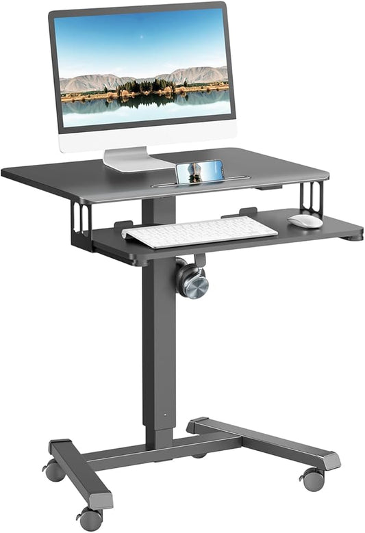 ERGOMAKER Mobile Standing Desk with Keyboard Tray, Gas Spring Rolling Desk with Lockable Wheels, Portable Laptop Desk, Adjustable Height Stand Up Desk, Computer Workstation Home Office, Black