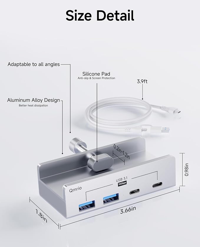 USB Hub 3.1, 10Gbps Clamp USB Hub with 2 USB-A Data Ports, 2 USB-C Port with Extra Power Supply Port (Silver)