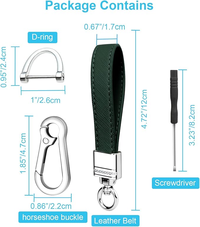 QBUC Genuine Leather Car Keychain,Universal Heavy Duty Metal Key Chain Accessories,Car Fob Key Keychain Holder with 360 Degree Rotatable Snap Swivel and Anti-Lost D-Ring for Men Women(Dark Green)
