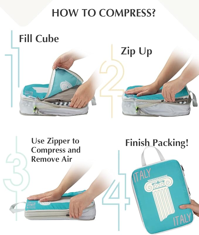 Gonex Compression Packing Cubes, 6pcs Expandable Storage Travel Luggage Bags Organizers with Shoe Bag Laundry Bag, Travel Cubes for Suitcase Carry On (Global Symbols)