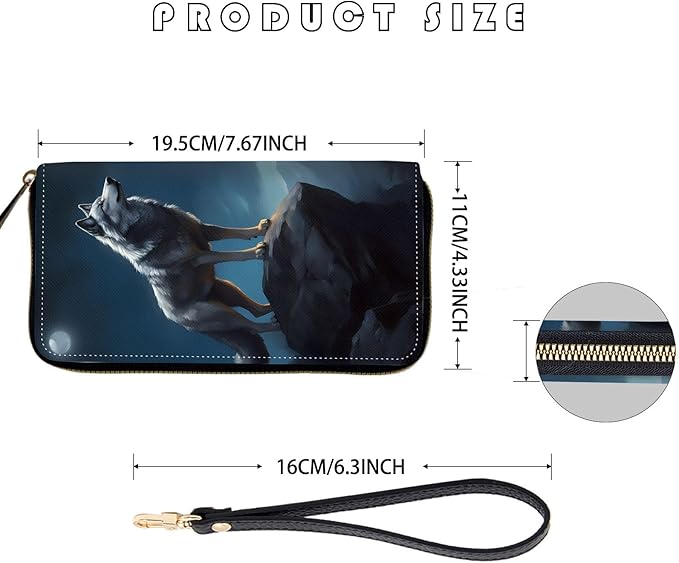 Women's RFID Blocking Zip Around Wallet with Detachable Wrist Strap, Large Capacity Credit Card Holder Organizer for Everyday Use,Wolf Moon Night