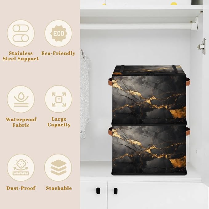 Black Gold Marble Storage Bins With Zipper Lid, Collapsible Trunk Organizer, Car Organizers and Storage Bins with Lids, Decorative Storage Boxes with Handle, Home Storage Baskets For Organizing