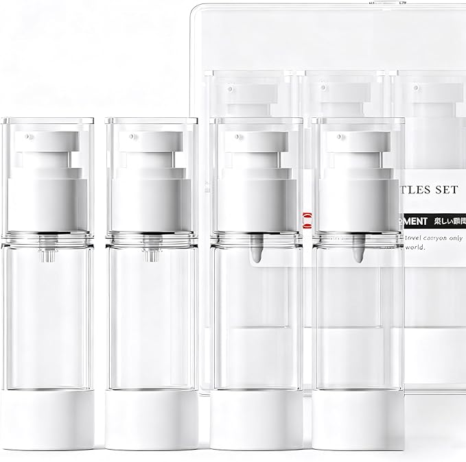 4 Pack Airless Pump Bottles, 1 oz Leakproof Travel Bottles with Pump for Toiletries, Small Empty Containers with Lids for Lotion Creams Serum Skin Care Shampoo Cosmetic Moisturizer Dispenser, Clear