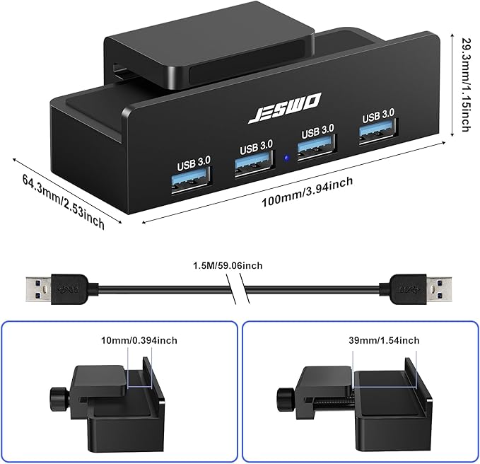 USB Hub 3.0, JESWO Clamp USB Hub with Extra Power Supply Port, Aluminum 4-Port USB 3.0 Extender Hub with 4.92ft Cable for Monitors, Desks, PC, Laptop, XPS, USB-Flash Drives, etc.