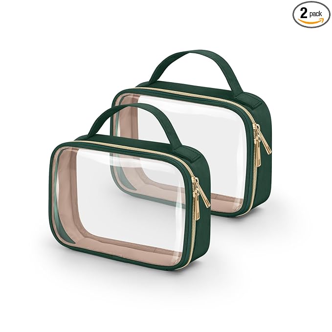 Wedama TSA Approved Toiletry Bag, 2 Pack Clear Makeup Bags with Handles, Quart Size Clear Toiletry Bags, PVC Cosmetic Bags for Women and Men, Carry on Airport Airline Compliant Bag, Dark Green