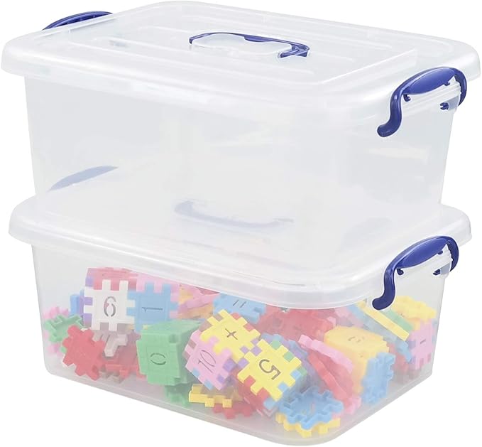 2 Packs 8 Quart Plastic Stackable Storage Boxes with Transparent Lid and Deep Blue Handle
