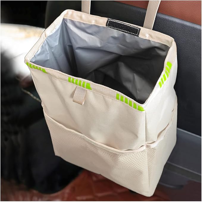 Fekey&JF Hanging Car Trash Can with Storage Pockets, Waterproof Leakproof Oxford Auto Garbage Bag, Multi-Use Organizer for Outdoor Traveling, Foldable Trash Bin for Truck, SUV, Home, Office (Beige)