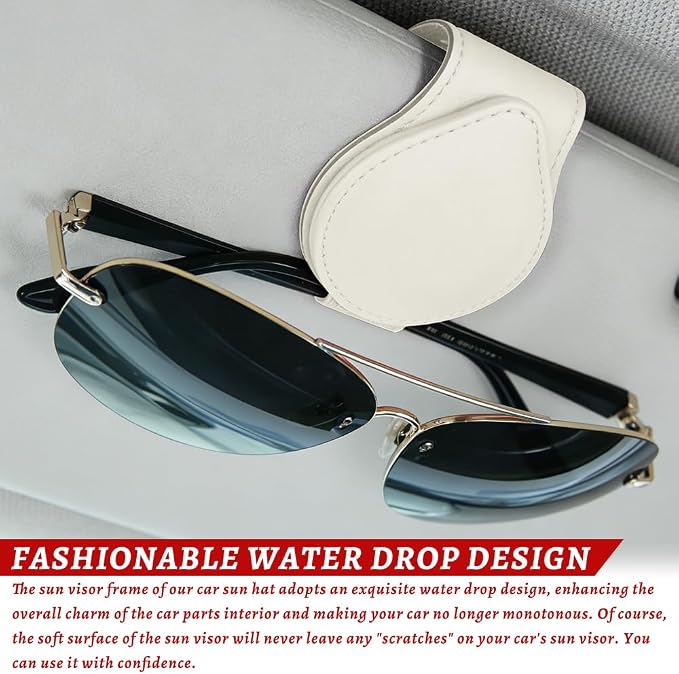 Sunglasses Holders for Car Visor, PU Leather Car Organizer, Magnetic Glasses Holder and Ticket Card Clip, Multi-Functional Auto Sun Visor Eyeglass Holder for Most Vehicles (White)