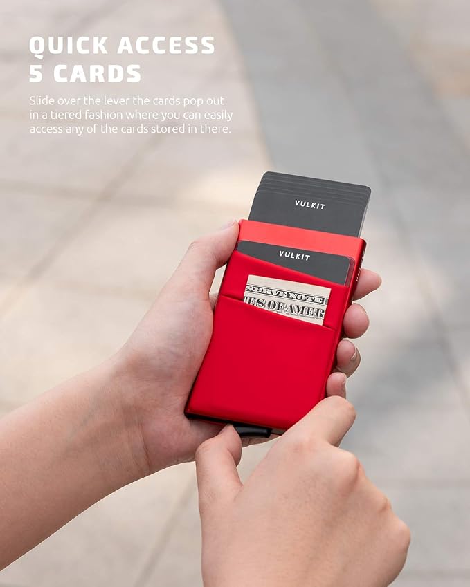 VULKIT Card Holder with Money Pocket Pop Up Wallet RFID Blocking Slim Metal Bank Card Case Holds 5 Cards and Notes