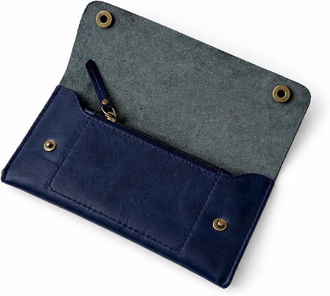 Leather Currency Pouch - Handmade Cash Organizer with Double Button Closure & Zipper Pocket, Compact Money Holder for Travel & Everyday Use, 4 x 8 Inch (Blue)