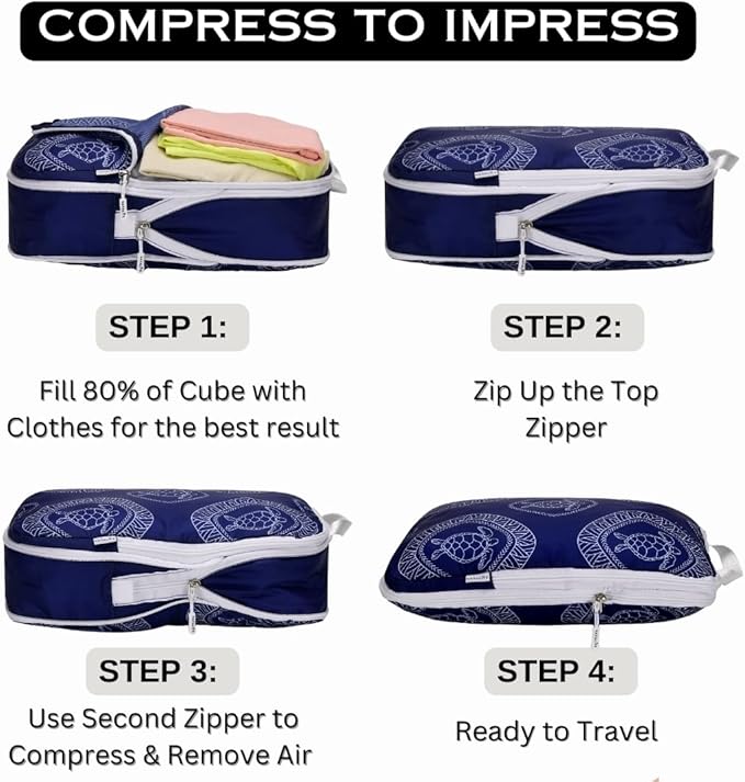 6-Set Compression Packing Cubes for Travel with Drawstring Backpack-Luggage Organizers for Suitcase-Water Resistant, Lightweight Vacation Essentials, Blue Turtle