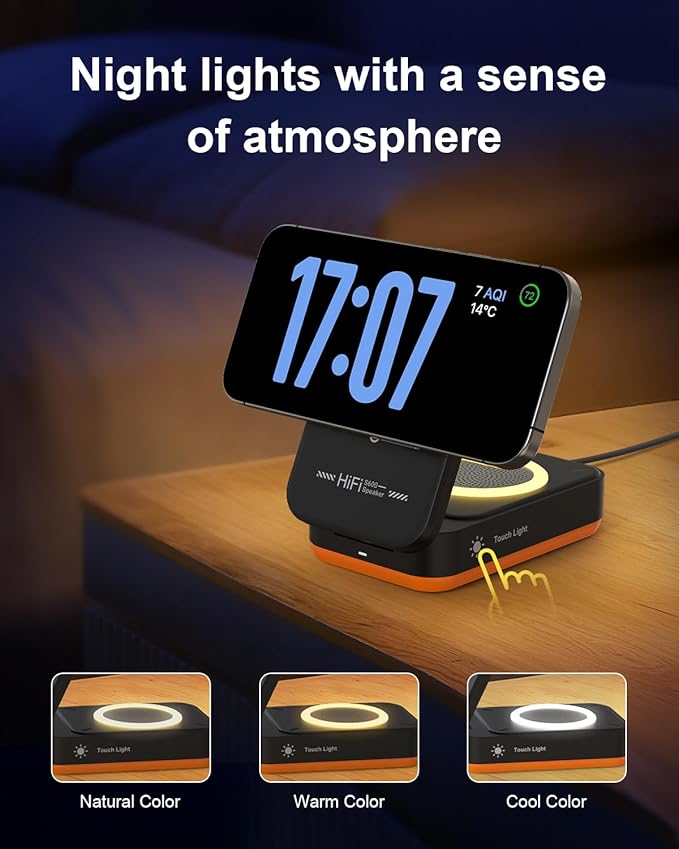 3 in 1 Magnetic Wireless Charger for iPhone,Foldable Charger Stand with Bluetooth Speaker & Sleep-Friendly Light, Wireless Charging Station for iPhone 17 16 15 14 13 12 Pro Max All Series