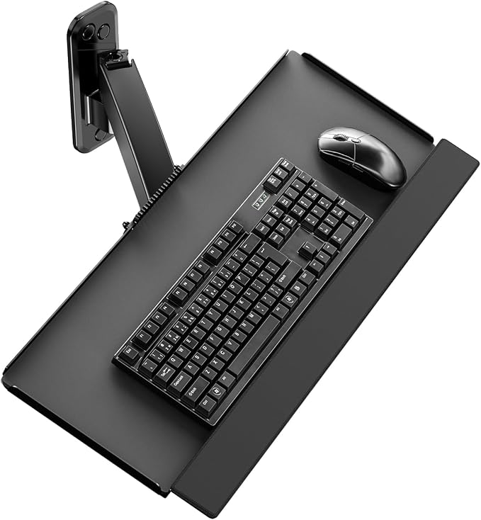 PUTORSEN Compact Wall Mount Keyboard Tray, Sit Stand 26 Inch Keyboard and Mouse Wall Mount with Spring Arm, Height Adjustable Ergonomic Typing Platform with Anti-Slip & Wrist Pad, Holds up to 19.8 lbs