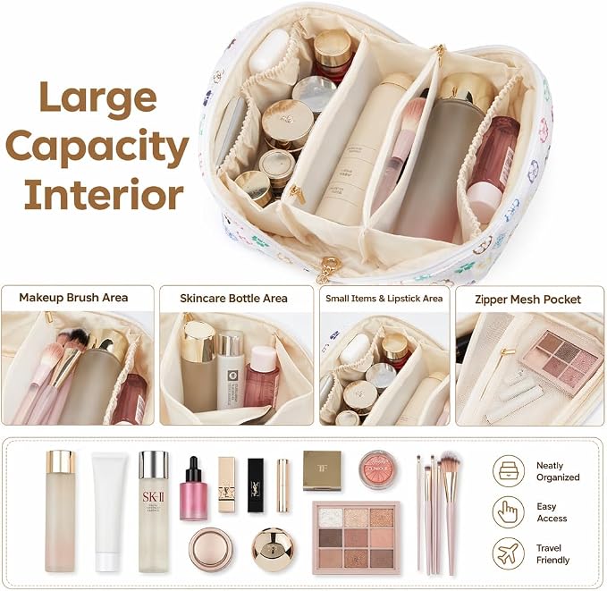 YTL Travel Makeup Bag, Puffer Cosmetic Bag for Women, Waterproof Puffy Padded Make Up Bags, Flat Open Portable Organizer Case Toiletry Bag Pouch Purse for Skincare, Brushes & Travel Essentials