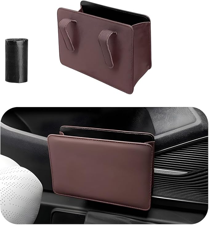 Yourkar Car Trash Can, Foldable Waterproof Leather Car Garbage Organizer Holder, Automotive Mini Dustbin Container with One Roll Trash Bag, Universal Interior Car Accessories (Dark Brown)