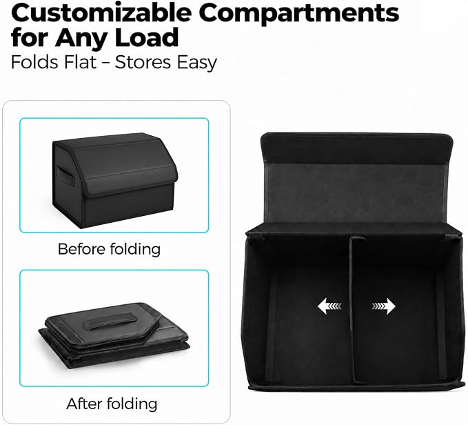 Car Trunk Organizer, Foldable Cargo Storage Box with Hook-and-Loop Lid, Suede & Faux Leather Trunk Organizer for SUV Sedan Truck, Adjustable Divider, Handles, Black, 19.7inches