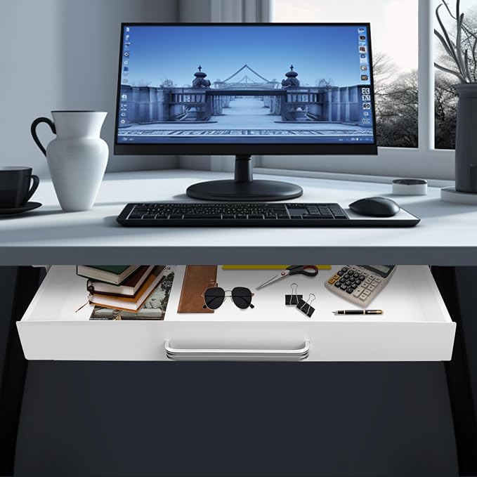 Under Desk Pull-out Drawer with Adjustable Divider for Storing Pencil and Office Accessories Under Desk Mounted Tray Organizer for Sit Stand Workstation, 21.5x10.2x2.1in