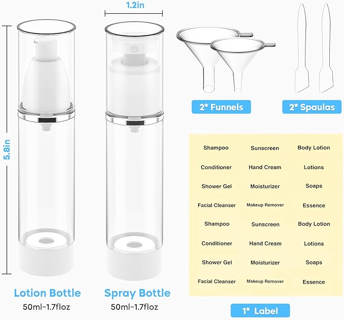 Acrylic Travel Bottles for Toiletries with Label 1.7 Oz 50ml Empty Refillable Leakproof Travel Bottles Lotion Dispenser for Hand Cream Liquids Makeup Skincare - 2Pack