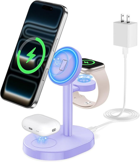 Hevanto 2026 3 in 1 Wireless Charging Station for Apple MagSafe Charger, 15W Fast Magnetic Mag-Safe Charger Stand for iPhone 17 16 15 14 13 12 Apple Watch AirPods Compatible with MagSafe, Purple