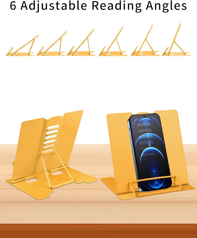 MSDADA Small Desk Book Stand Metal Reading Rest Book Holder Adjustable Cookbook Documents Holder Portable Sturdy Bookstands for Recipes Textbooks Tablet Music Books(Yellow)
