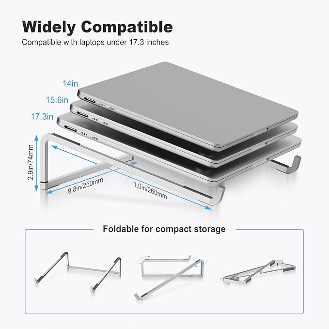 TENOC Foldable Laptop Stand for Desk, Universal Laptop Riser Ventilated Holder Mount Compatible with MacBook, Notebook, ASUS, Acer and More, Silver