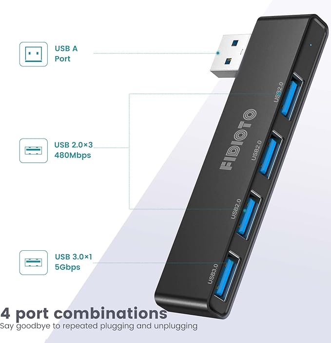 USB Hub, Fidioto 4 Port USB Adapter(1 * 3.0 Port, 3 * 2.0 Ports), Networking Hub for Laptop, iMac Pro, MacBook Air, Mac mini/Pro, Surface Pro, Notebook PC, USB Flash Drives and Mobile HDD Etc