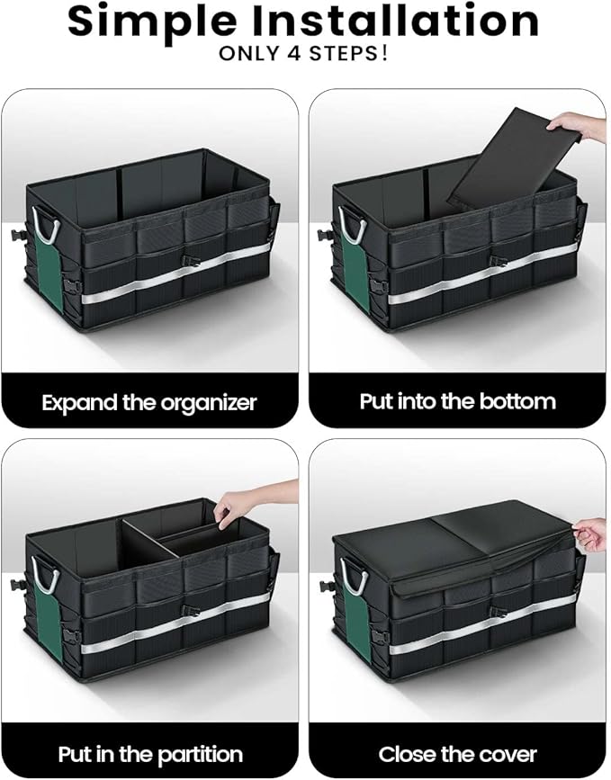 WINHUNT Trunk Organizer With Waterproof Bag, Collapsible Multi Compartment Storage for Car, SUV, Sedan, Truck - Non Slip Bottom, Aluminium Handle (Black, Large 66L)
