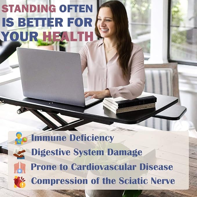 Standing Desk Converter 32" - Sit to Stand Desk Converter for Dual Monitors - Height Adjustable Desk Riser for Standing - Home Office & Corporate Use - Relieve Back Pain (Black)