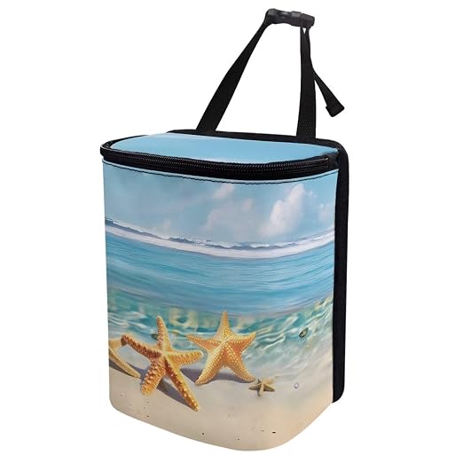 Biyejit Beach Starfish Car Trash Can with Lid, Cute Leakproof Car Trash Garbage Bag Hanging Vehicle Trash Bin Small Portable Automotive Garbage Cans Organizer for Back/Front Seat/Console