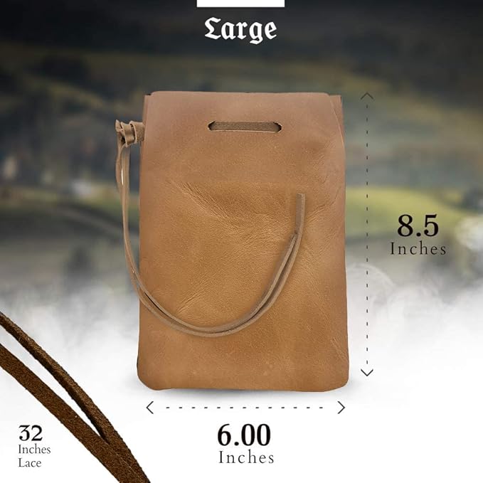 Nabob Leather Leather Drawstring Pouch, Coin Bag, Medicine Tobacco Pouch Medieval Reenactment Made in U.S.A Size 8.5" x 6"