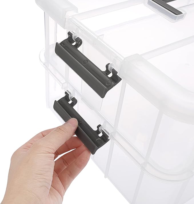 JUXYES 2-Tiers Stack Carry Storage Box With Handle, Transparent Stackable Storage Bin With Handle Lid Latching Storage Container for School & Office Supplies