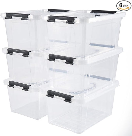 Eslite 6 Quart Plastic Stackable Storage Latch Bins,Clear Latching Box with Handle and Lid,Pack of 6 (Black Handle)