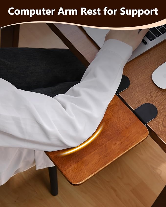 Ergonomic Desk Extender Tray, 8.2"x7.6" Table Mount Arm Wrist Rest Shelf, 90° Foldable Elbow Support, Clamp on Computer Arm Rest for Desk, Office & Home Use, Wood