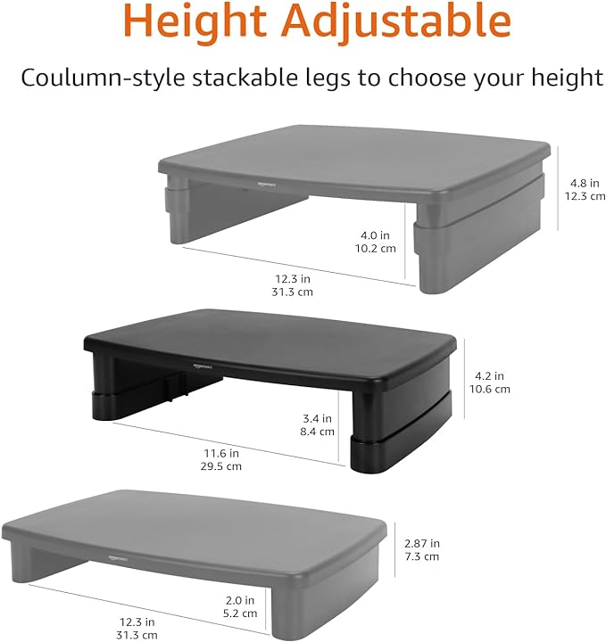 Amazon Basics Height Adjustable Monitor Stand Riser with Storage Organizer, Multifunctional Desk Accessories for Reduced Neck Strain - Fits Monitors, Laptops Up to 22lbs, Black