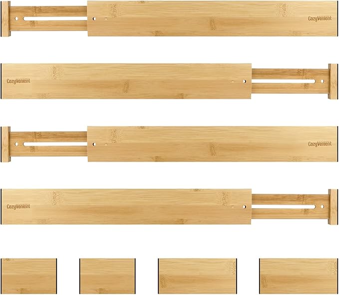 Adjustable Bamboo Drawer Dividers for Clothes, Kitchen Utensils, Office Desks, Bathroom Accessories, Socks and Underwear, and Personal Items, 4 Dividers with 4 Partitions