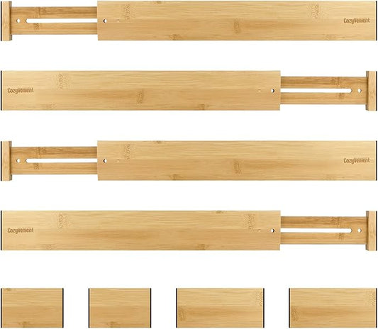 Adjustable Bamboo Drawer Dividers for Clothes, Kitchen Utensils, Office Desks, Bathroom Accessories, Socks and Underwear, and Personal Items, 4 Dividers with 4 Partitions